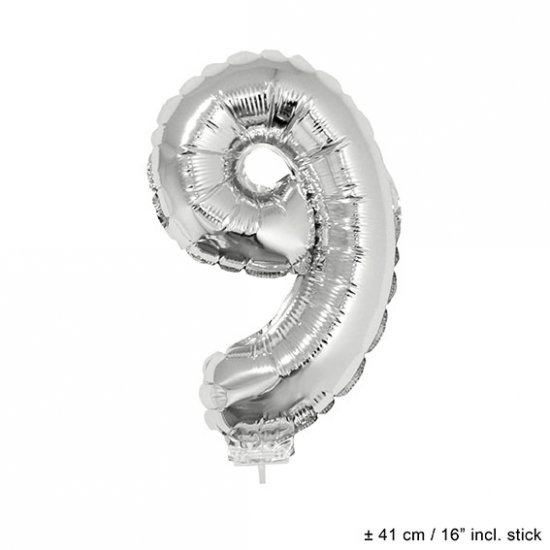 Metallic folie ballon cijfer 9 zilver 40 cm op stokje - Klik op de afbeelding om het venster te sluiten