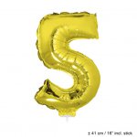 Metallic folie ballon cijfer 5 goud 40 cm op stokje