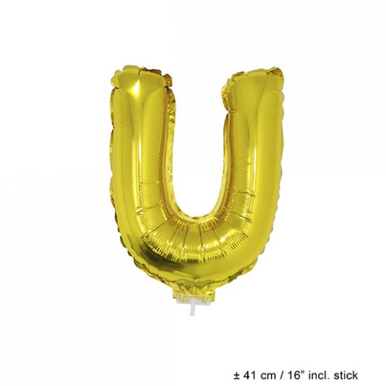 Metallic folie ballon letter U goud 40 cm op stokje - Klik op de afbeelding om het venster te sluiten