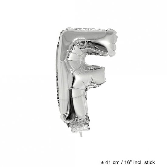 Metallic folie ballon letter F zilver 40 cm op stokje - Klik op de afbeelding om het venster te sluiten