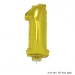 Metallic folie ballon cijfer 1 goud 40 cm op stokje
