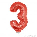 Metallic folie ballon cijfer 3 rood 40 cm op stokje