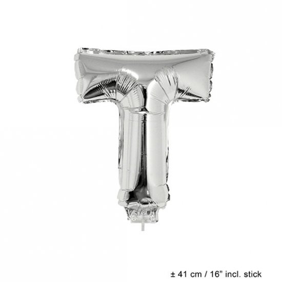 Metallic folie ballon letter T zilver 40 cm op stokje - Klik op de afbeelding om het venster te sluiten