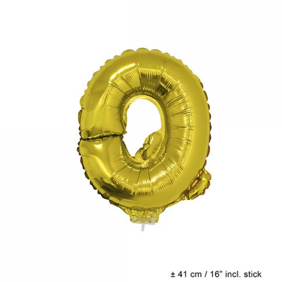 Metallic folie ballon letter Q goud 40 cm op stokje - Klik op de afbeelding om het venster te sluiten