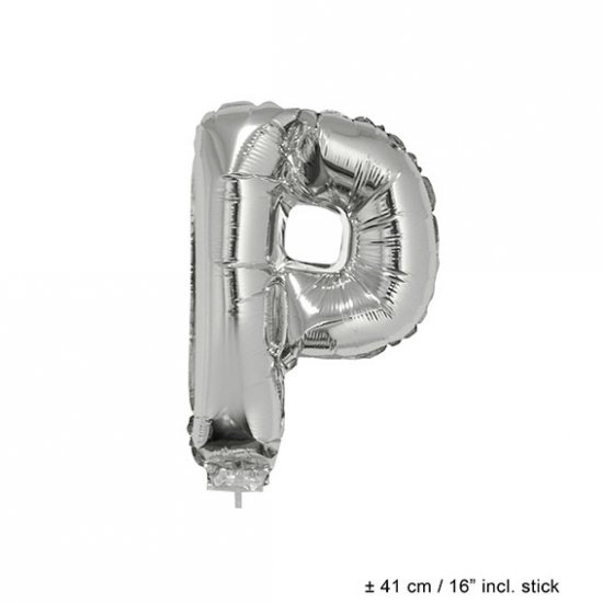 Metallic folie ballon letter P zilver 40 cm op stokje - Klik op de afbeelding om het venster te sluiten