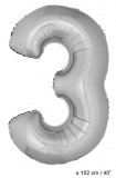 Metallic folie ballon cijfer 3 zilver 102 cm