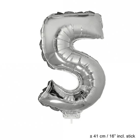 Metallic folie ballon cijfer 5 zilver 40 cm op stokje - Klik op de afbeelding om het venster te sluiten