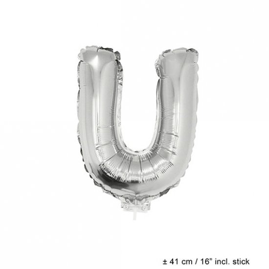 Metallic folie ballon letter U zilver 40 cm op stokje - Klik op de afbeelding om het venster te sluiten