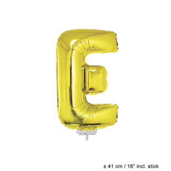 Metallic folie ballon letter E goud 40 cm op stokje - Klik op de afbeelding om het venster te sluiten