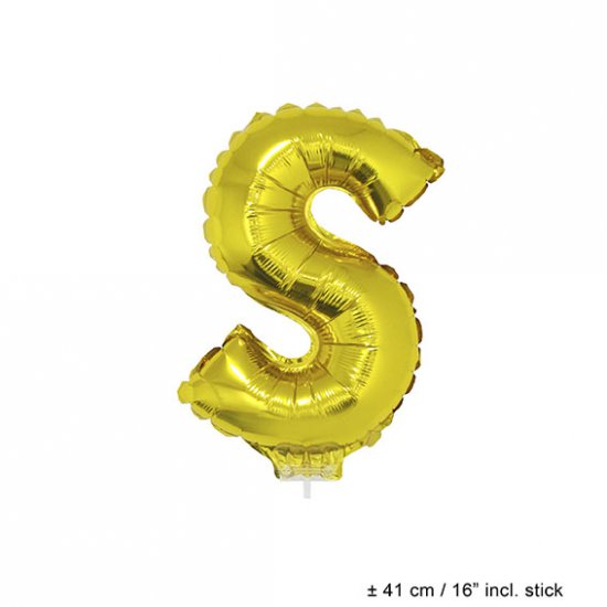 Metallic folie ballon letter S goud 40 cm op stokje - Klik op de afbeelding om het venster te sluiten
