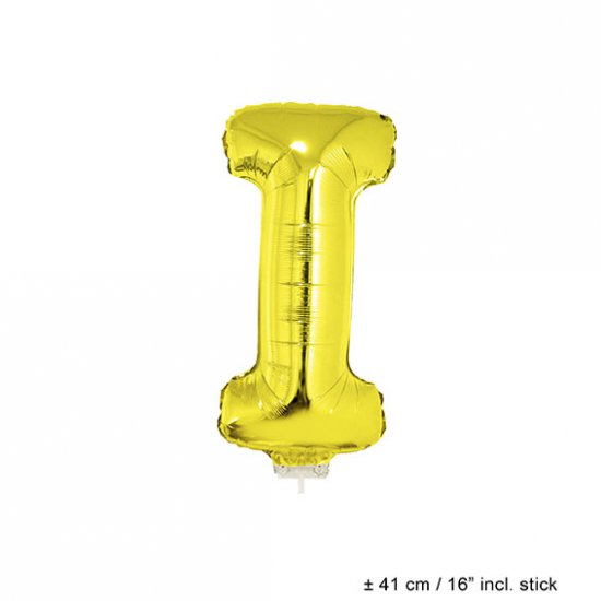 Metallic folie ballon letter I goud 40 cm op stokje - Klik op de afbeelding om het venster te sluiten