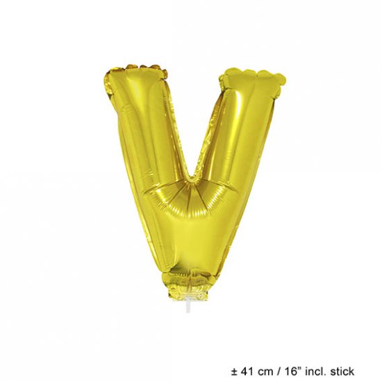 Metallic folie ballon letter V goud 40 cm op stokje - Klik op de afbeelding om het venster te sluiten