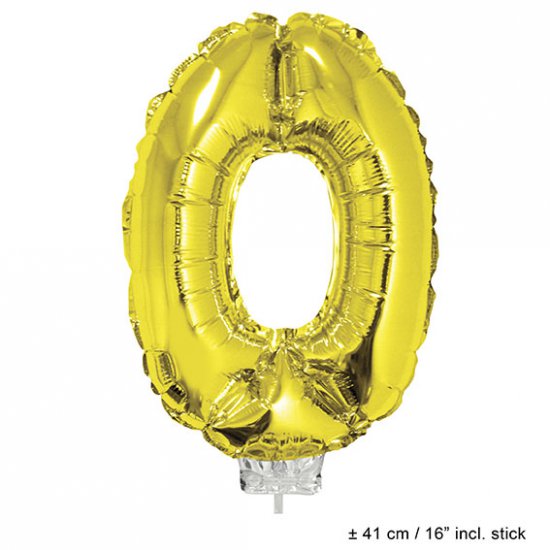 Metallic folie ballon cijfer 0 goud 40 cm op stokje - Klik op de afbeelding om het venster te sluiten