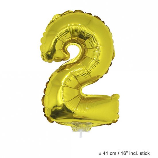 Metallic folie ballon cijfer 2 goud 40 cm op stokje - Klik op de afbeelding om het venster te sluiten