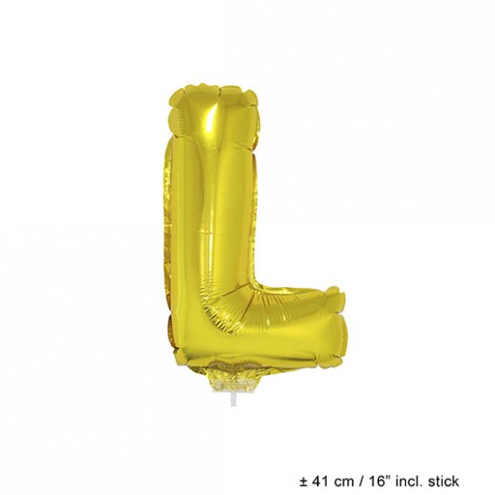 Metallic folie ballon letter L goud 40 cm op stokje - Klik op de afbeelding om het venster te sluiten