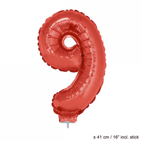 Metallic folie ballon cijfer 9 rood 40 cm op stokje - Klik op de afbeelding om het venster te sluiten