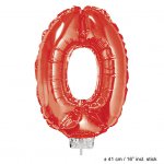 Metallic folie ballon cijfer 0 rood 40 cm op stokje