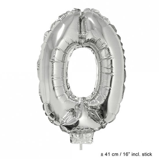 Metallic folie ballon cijfer 0 zilver 40 cm op stokje - Klik op de afbeelding om het venster te sluiten