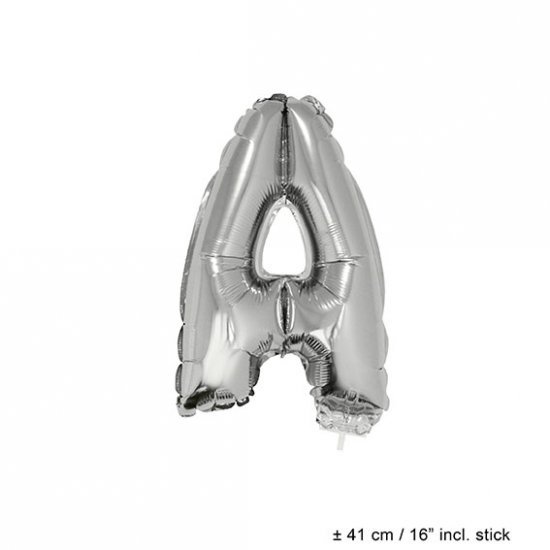 Metallic folie ballon letter A zilver 40 cm op stokje - Klik op de afbeelding om het venster te sluiten