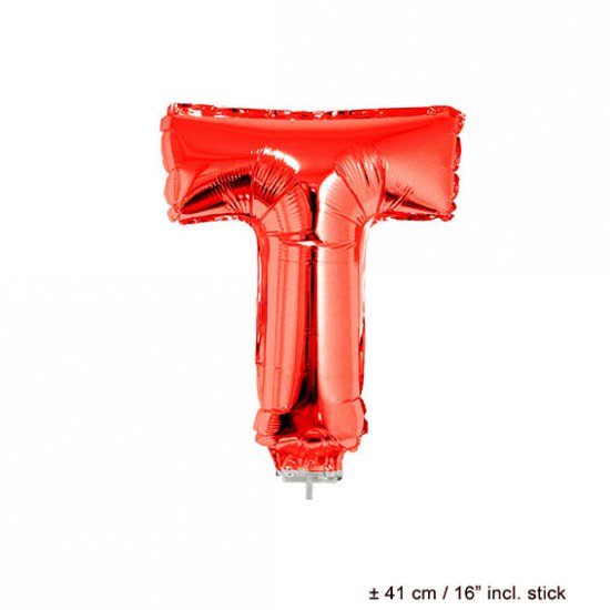 Metallic folie ballon letter T rood 40 cm op stokje - Klik op de afbeelding om het venster te sluiten