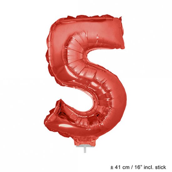 Metallic folie ballon cijfer 5 rood 40 cm op stokje - Klik op de afbeelding om het venster te sluiten