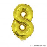 Metallic folie ballon cijfer 8 goud 40 cm op stokje