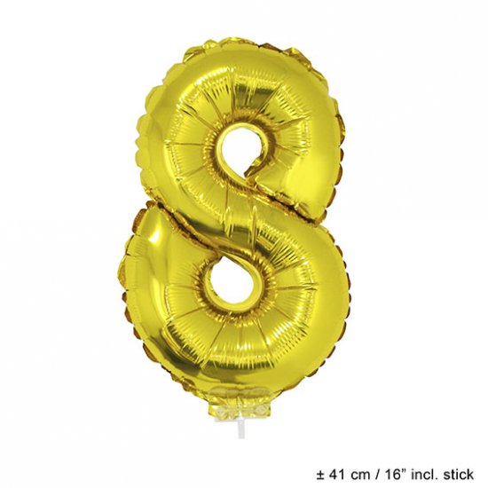 Metallic folie ballon cijfer 8 goud 40 cm op stokje - Klik op de afbeelding om het venster te sluiten