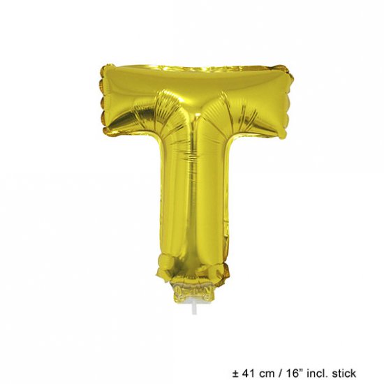 Metallic folie ballon letter T goud 40 cm op stokje - Klik op de afbeelding om het venster te sluiten