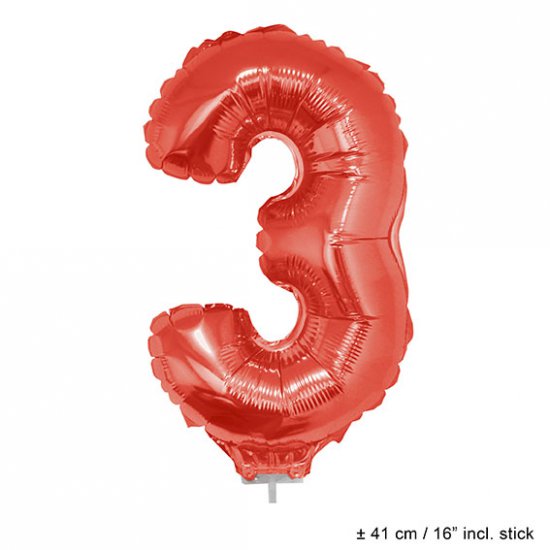 Metallic folie ballon cijfer 3 rood 40 cm op stokje - Klik op de afbeelding om het venster te sluiten