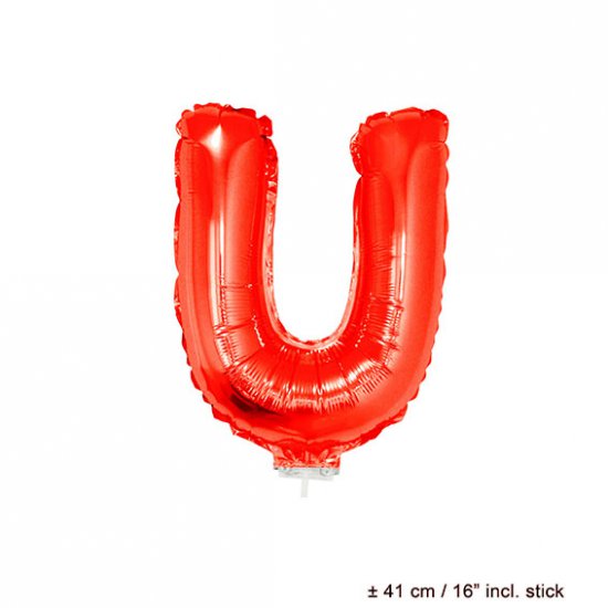 Metallic folie ballon letter U rood 40 cm op stokje - Klik op de afbeelding om het venster te sluiten