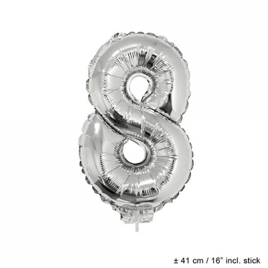 Metallic folie ballon cijfer 8 zilver 40 cm op stokje - Klik op de afbeelding om het venster te sluiten