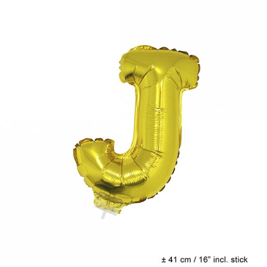 Metallic folie ballon letter J goud 40 cm op stokje - Klik op de afbeelding om het venster te sluiten