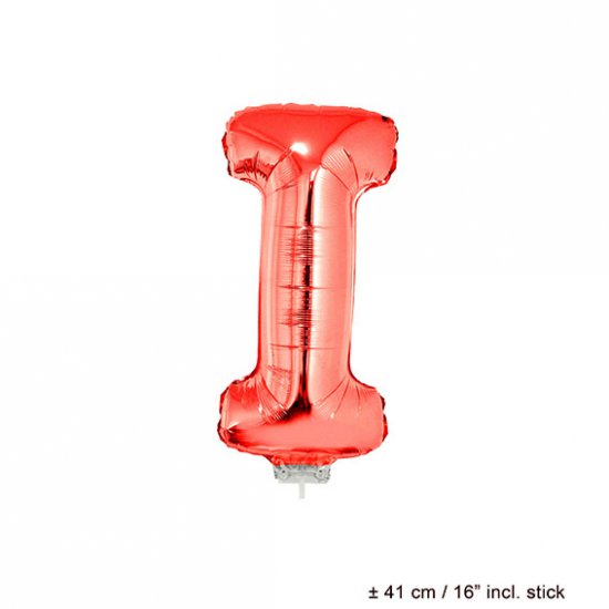 Metallic folie ballon letter I rood 40 cm op stokje - Klik op de afbeelding om het venster te sluiten