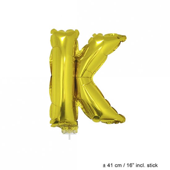 Metallic folie ballon letter K goud 40 cm op stokje - Klik op de afbeelding om het venster te sluiten