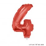 Metallic folie ballon cijfer 4 rood 40 cm op stokje