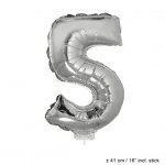 Metallic folie ballon cijfer 5 zilver 40 cm op stokje