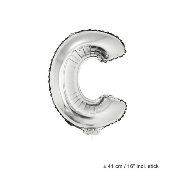 Metallic folie ballon letter C zilver 40 cm op stokje - Klik op de afbeelding om het venster te sluiten