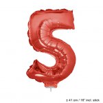 Metallic folie ballon cijfer 5 rood 40 cm op stokje