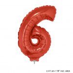 Metallic folie ballon cijfer 6 rood 40 cm op stokje