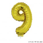 Metallic folie ballon cijfer 9 goud 40 cm op stokje