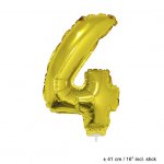 Metallic folie ballon cijfer 4 goud 40 cm op stokje