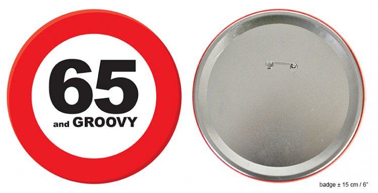 Badge "65 and groovy" - Klik op de afbeelding om het venster te sluiten