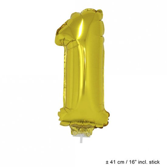 Metallic folie ballon cijfer 1 goud 40 cm op stokje - Klik op de afbeelding om het venster te sluiten