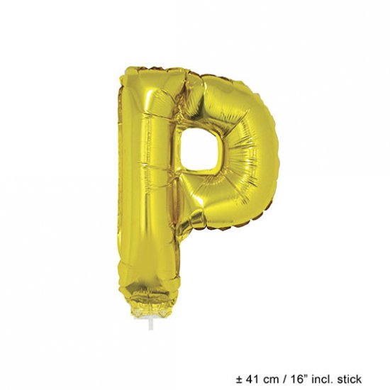 Metallic folie ballon letter P goud 40 cm op stokje - Klik op de afbeelding om het venster te sluiten