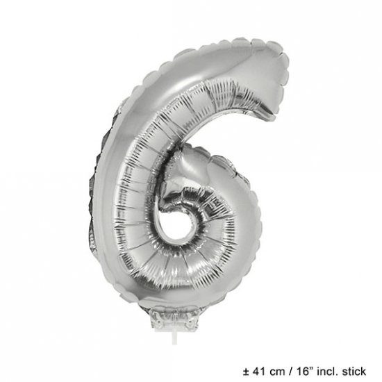 Metallic folie ballon cijfer 6 zilver 40 cm op stokje - Klik op de afbeelding om het venster te sluiten