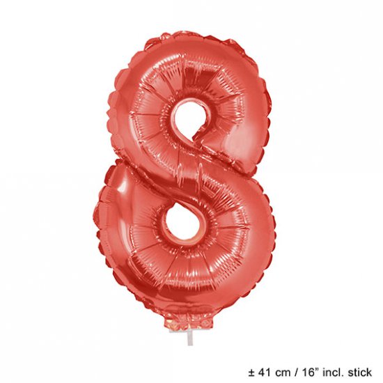 Metallic folie ballon cijfer 8 rood 40 cm op stokje - Klik op de afbeelding om het venster te sluiten