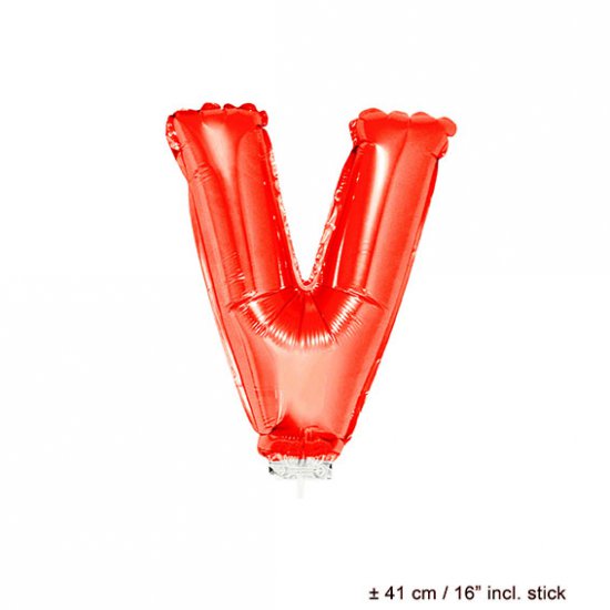 Metallic folie ballon letter V rood 40 cm op stokje - Klik op de afbeelding om het venster te sluiten