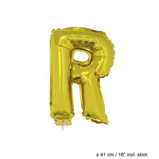 Metallic folie ballon letter R goud 40 cm op stokje - Klik op de afbeelding om het venster te sluiten