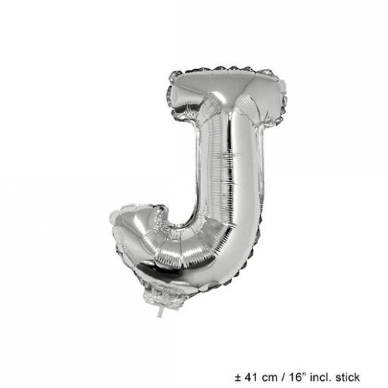 Metallic folie ballon letter J zilver 40 cm op stokje - Klik op de afbeelding om het venster te sluiten