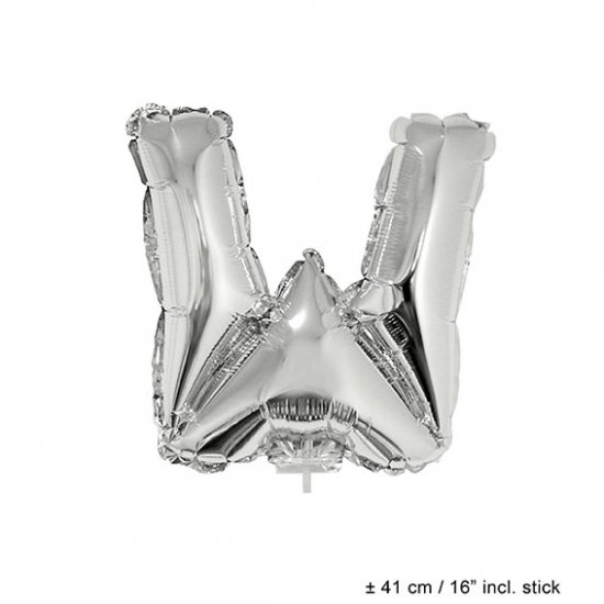 Metallic folie ballon letter W zilver 40 cm op stokje - Klik op de afbeelding om het venster te sluiten
